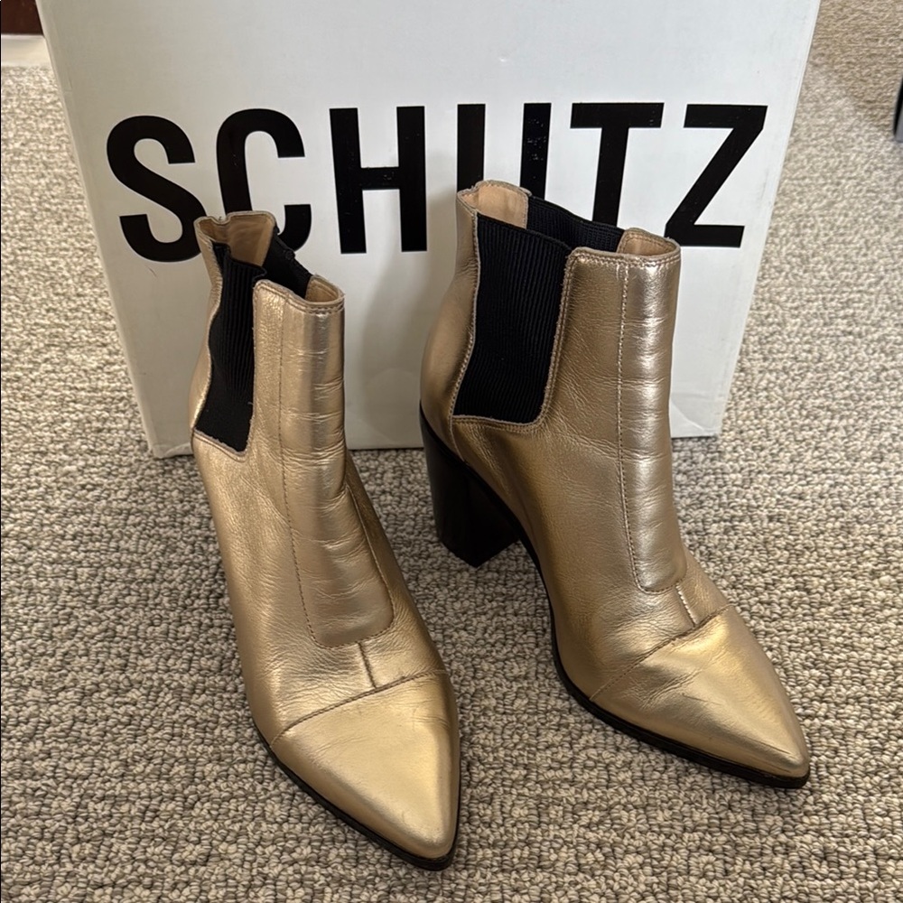 Schutz Boots Booties Metallic Platnia Gold Black Heels Happy Leather Shoes 6.5